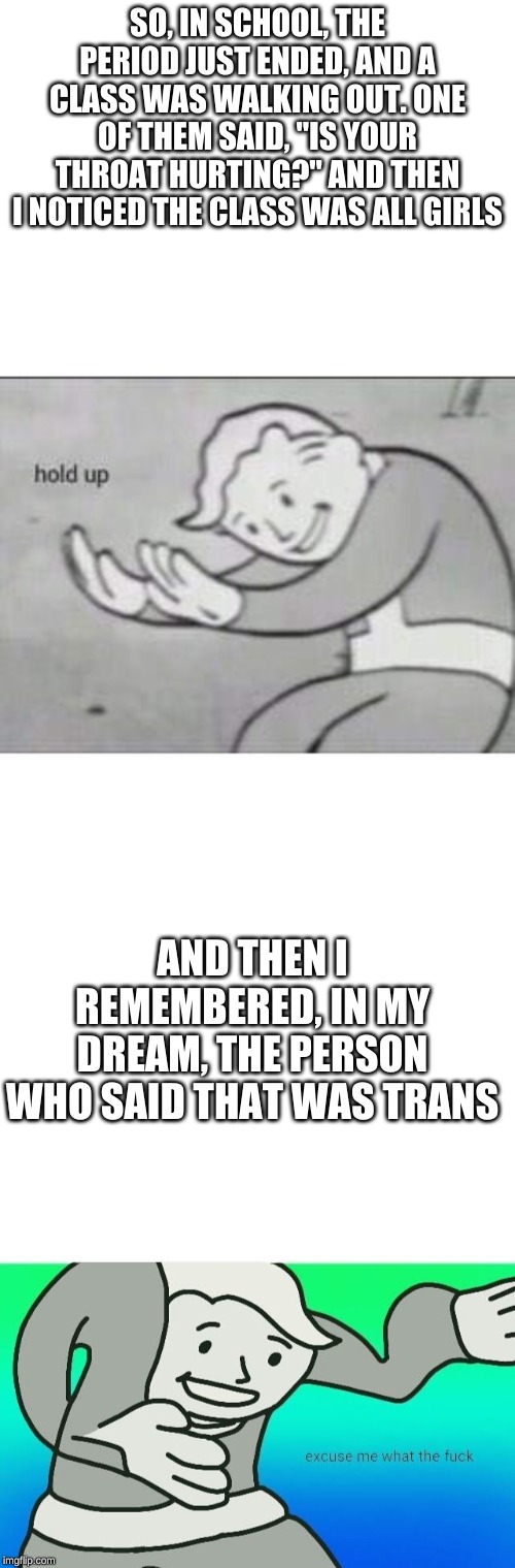 SO, IN SCHOOL, THE PERIOD JUST ENDED, AND A CLASS WAS WALKING OUT. ONE OF THEM SAID, "IS YOUR THROAT HURTING?" AND THEN I NOTICED THE CLASS WAS ALL GIRLS; AND THEN I REMEMBERED, IN MY DREAM, THE PERSON WHO SAID THAT WAS TRANS | image tagged in excuse me what the fuck,fallout hold up,school,girls,weird,memes | made w/ Imgflip meme maker