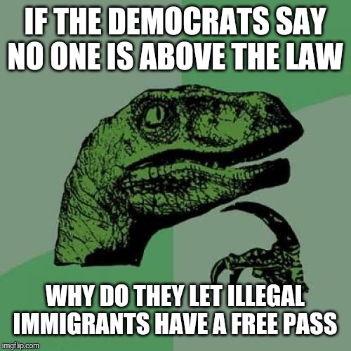 Philosoraptor Meme | IF THE DEMOCRATS SAY NO ONE IS ABOVE THE LAW; WHY DO THEY LET ILLEGAL IMMIGRANTS HAVE A FREE PASS | image tagged in memes,philosoraptor | made w/ Imgflip meme maker