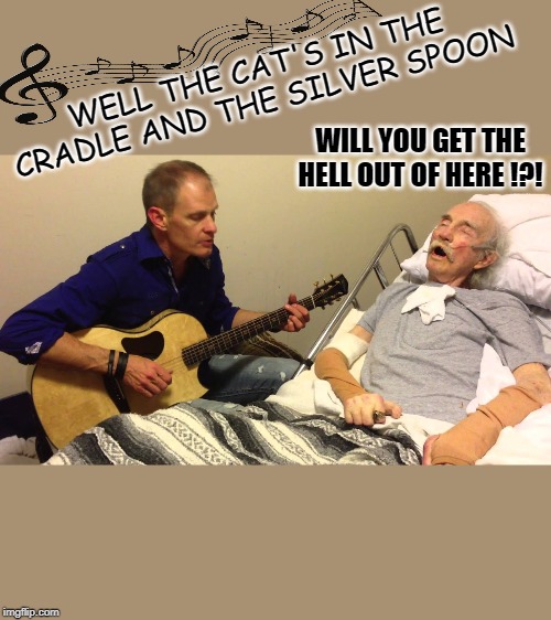 When you want to be alone | WELL THE CAT'S IN THE CRADLE AND THE SILVER SPOON; WILL YOU GET THE HELL OUT OF HERE !?! | image tagged in funny memes,singing,angry old man,annoying | made w/ Imgflip meme maker