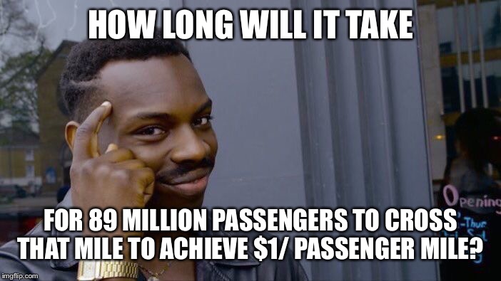Roll Safe Think About It Meme | HOW LONG WILL IT TAKE FOR 89 MILLION PASSENGERS TO CROSS THAT MILE TO ACHIEVE $1/ PASSENGER MILE? | image tagged in memes,roll safe think about it | made w/ Imgflip meme maker