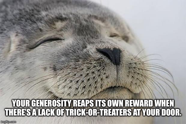 Satisfied Seal Meme | YOUR GENEROSITY REAPS ITS OWN REWARD WHEN THERE’S A LACK OF TRICK-OR-TREATERS AT YOUR DOOR. | image tagged in memes,satisfied seal | made w/ Imgflip meme maker