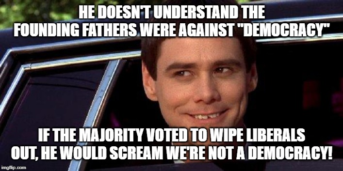 dumb and dumber | HE DOESN'T UNDERSTAND THE FOUNDING FATHERS WERE AGAINST "DEMOCRACY" IF THE MAJORITY VOTED TO WIPE LIBERALS OUT, HE WOULD SCREAM WE'RE NOT A  | image tagged in dumb and dumber | made w/ Imgflip meme maker