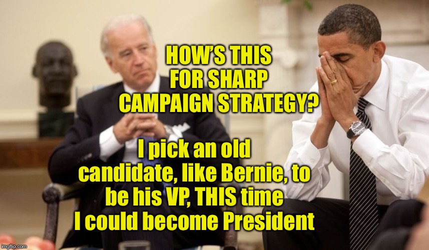 Biden Obama | I pick an old candidate, like Bernie, to be his VP, THIS time I could become President HOW’S THIS FOR SHARP CAMPAIGN STRATEGY? | image tagged in biden obama | made w/ Imgflip meme maker