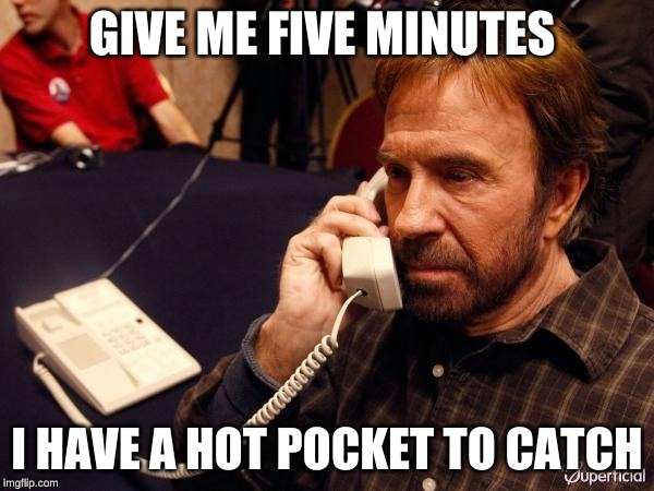 Chuck Norris Phone Meme | GIVE ME FIVE MINUTES; I HAVE A HOT POCKET TO CATCH | image tagged in memes,chuck norris phone,chuck norris | made w/ Imgflip meme maker