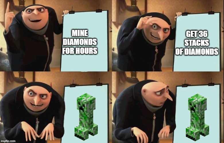 Gru's Plan | GET 36 STACKS OF DIAMONDS; MINE DIAMONDS FOR HOURS | image tagged in despicable me diabolical plan gru template | made w/ Imgflip meme maker
