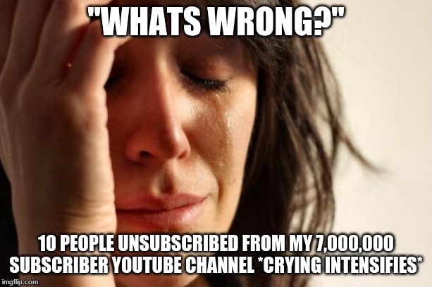 First World Problems | "WHATS WRONG?"; 10 PEOPLE UNSUBSCRIBED FROM MY 7,000,000 SUBSCRIBER YOUTUBE CHANNEL *CRYING INTENSIFIES* | image tagged in memes,first world problems | made w/ Imgflip meme maker