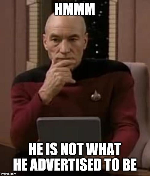 picard thinking | HMMM HE IS NOT WHAT HE ADVERTISED TO BE | image tagged in picard thinking | made w/ Imgflip meme maker
