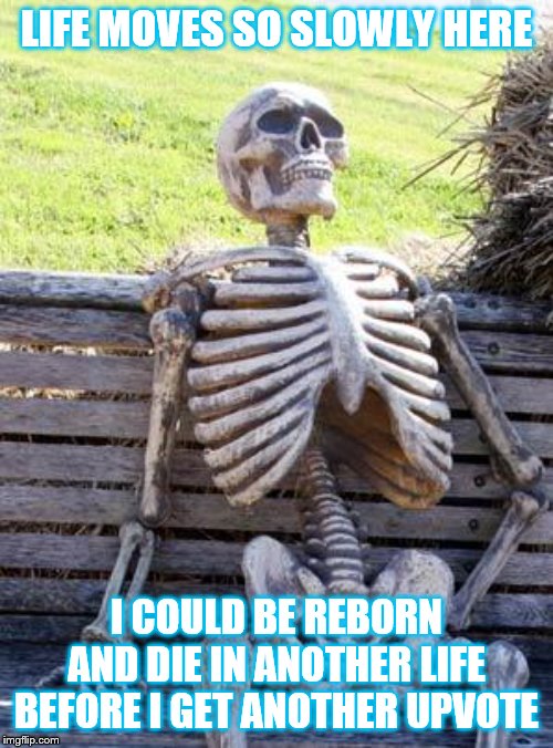 Waiting Skeleton Meme | LIFE MOVES SO SLOWLY HERE; I COULD BE REBORN AND DIE IN ANOTHER LIFE BEFORE I GET ANOTHER UPVOTE | image tagged in memes,waiting skeleton | made w/ Imgflip meme maker