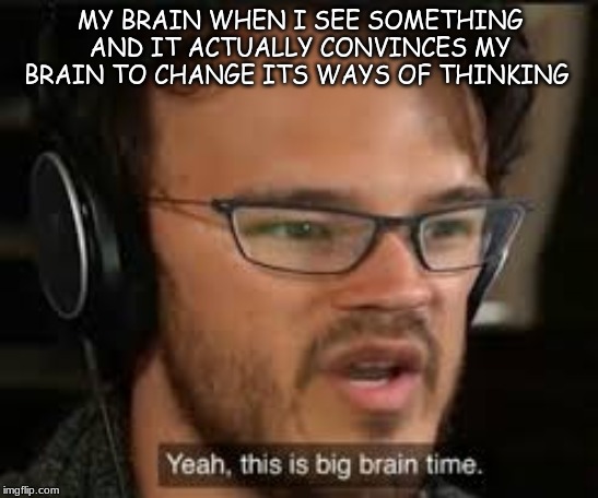 MY BRAIN WHEN I SEE SOMETHING AND IT ACTUALLY CONVINCES MY BRAIN TO CHANGE ITS WAYS OF THINKING | image tagged in yeah this is big brain time | made w/ Imgflip meme maker