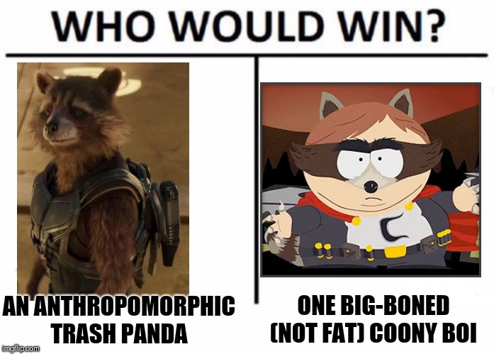 Who Would Win? | ONE BIG-BONED (NOT FAT) COONY BOI; AN ANTHROPOMORPHIC TRASH PANDA | image tagged in memes,who would win,frontpage | made w/ Imgflip meme maker