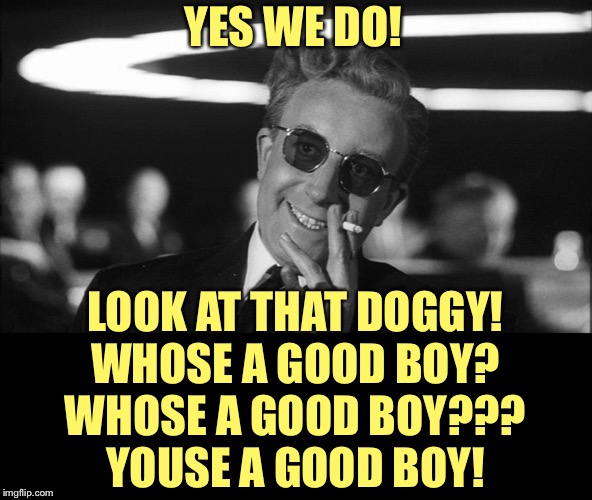 Doctor Strangelove says... | YES WE DO! LOOK AT THAT DOGGY!
WHOSE A GOOD BOY?
WHOSE A GOOD BOY???
YOUSE A GOOD BOY! | image tagged in doctor strangelove says | made w/ Imgflip meme maker