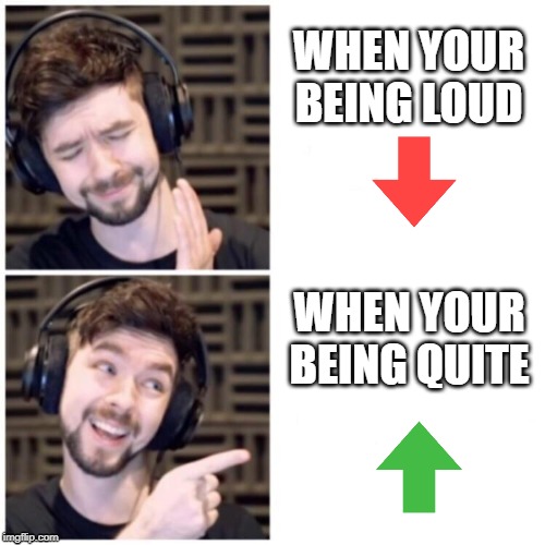 please be quite | WHEN YOUR BEING LOUD; WHEN YOUR BEING QUITE | image tagged in jacksepticeye,loud,upvote,downvote,meme,funny | made w/ Imgflip meme maker