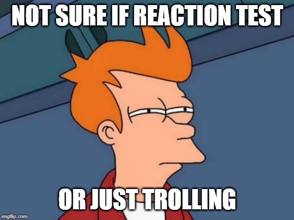 Futurama Fry Meme | NOT SURE IF REACTION TEST; OR JUST TROLLING | image tagged in memes,futurama fry | made w/ Imgflip meme maker