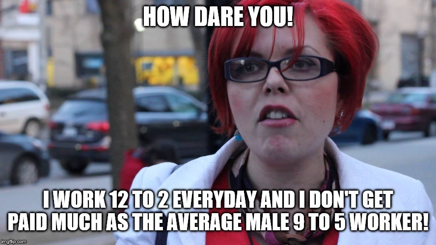 Feminazi | HOW DARE YOU! I WORK 12 TO 2 EVERYDAY AND I DON'T GET PAID MUCH AS THE AVERAGE MALE 9 TO 5 WORKER! | image tagged in feminazi | made w/ Imgflip meme maker