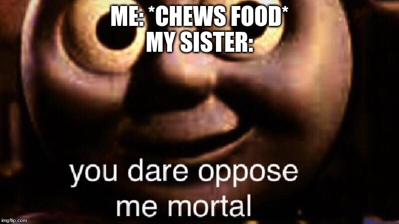You dare oppose me mortal | ME: *CHEWS FOOD*
MY SISTER: | image tagged in you dare oppose me mortal | made w/ Imgflip meme maker