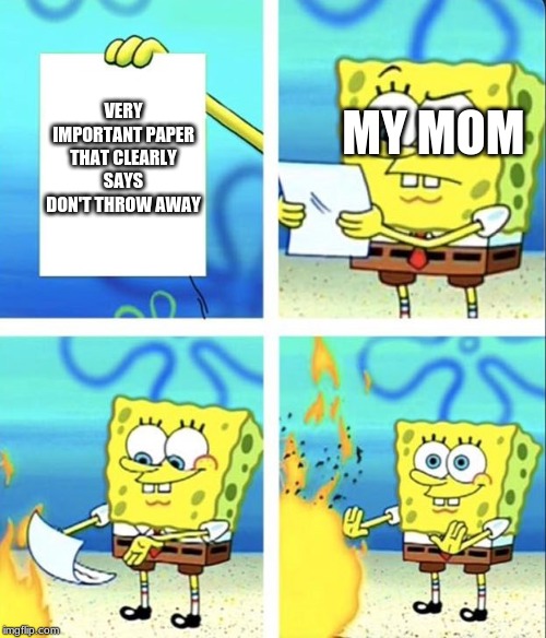 Spongebob yeet | MY MOM; VERY IMPORTANT PAPER THAT CLEARLY SAYS DON'T THROW AWAY | image tagged in spongebob yeet | made w/ Imgflip meme maker