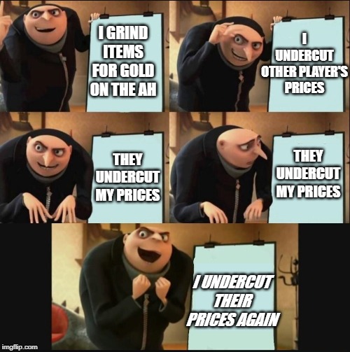 5 panel gru meme | I UNDERCUT OTHER PLAYER'S PRICES; I GRIND ITEMS FOR GOLD ON THE AH; THEY UNDERCUT MY PRICES; THEY UNDERCUT MY PRICES; I UNDERCUT THEIR PRICES AGAIN | image tagged in 5 panel gru meme | made w/ Imgflip meme maker