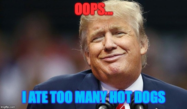 Trump Oopsie | OOPS... I ATE TOO MANY HOT DOGS | image tagged in trump oopsie | made w/ Imgflip meme maker