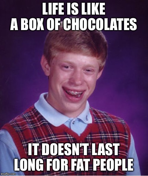 Rip for McDonalds eaters. | LIFE IS LIKE A BOX OF CHOCOLATES; IT DOESN’T LAST LONG FOR FAT PEOPLE | image tagged in memes,bad luck brian | made w/ Imgflip meme maker