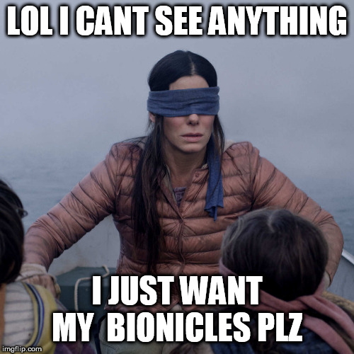 Bird Box | LOL I CANT SEE ANYTHING; I JUST WANT MY  BIONICLES PLZ | image tagged in memes,bird box | made w/ Imgflip meme maker