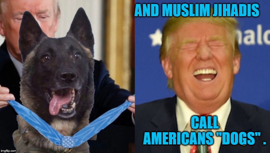 hero dog trump | AND MUSLIM JIHADIS; CALL AMERICANS "DOGS" . | image tagged in hero dog trump | made w/ Imgflip meme maker