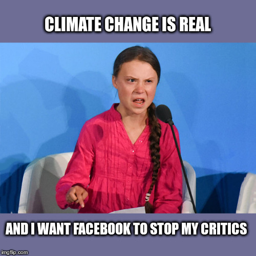 Greta doesn't like critics | CLIMATE CHANGE IS REAL; AND I WANT FACEBOOK TO STOP MY CRITICS | image tagged in greta how dare you,political meme,greta thunberg,climate change,facebook | made w/ Imgflip meme maker
