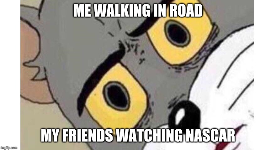 tom | ME WALKING IN ROAD; MY FRIENDS WATCHING NASCAR | image tagged in tom | made w/ Imgflip meme maker