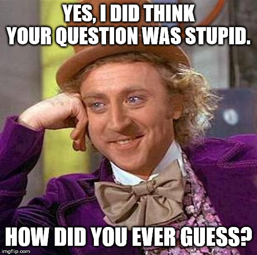 Creepy Condescending Wonka Meme | YES, I DID THINK YOUR QUESTION WAS STUPID. HOW DID YOU EVER GUESS? | image tagged in memes,creepy condescending wonka | made w/ Imgflip meme maker