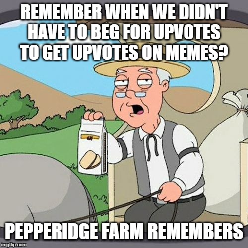 Pepperidge Farm Remembers | REMEMBER WHEN WE DIDN'T HAVE TO BEG FOR UPVOTES TO GET UPVOTES ON MEMES? PEPPERIDGE FARM REMEMBERS | image tagged in memes,pepperidge farm remembers | made w/ Imgflip meme maker