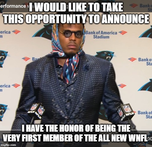 Cam Newton's Grandma | I WOULD LIKE TO TAKE THIS OPPORTUNITY TO ANNOUNCE; I HAVE THE HONOR OF BEING THE VERY FIRST MEMBER OF THE ALL NEW WNFL | image tagged in cam newton's grandma | made w/ Imgflip meme maker