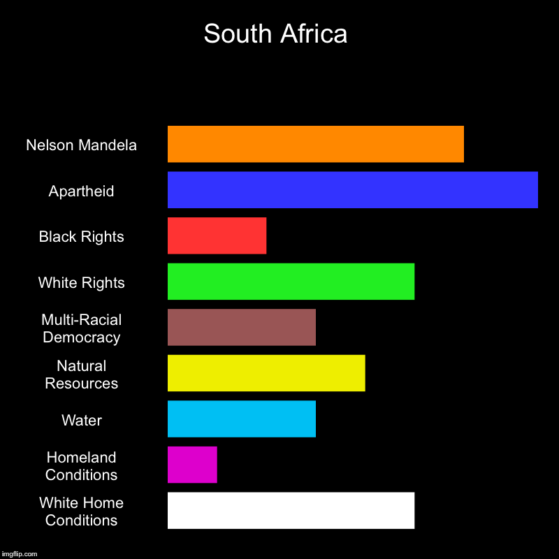 South Africa | Nelson Mandela, Apartheid, Black Rights, White Rights, Multi-Racial Democracy, Natural Resources, Water, Homeland Conditions, | image tagged in charts,bar charts | made w/ Imgflip chart maker