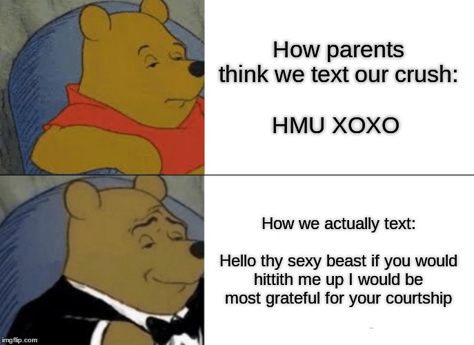 Texting a crush | How parents think we text our crush:
          
HMU XOXO; How we actually text:
         
Hello thy sexy beast if you would hittith me up I would be most grateful for your courtship | image tagged in memes,tuxedo winnie the pooh,texting,dating,funny | made w/ Imgflip meme maker