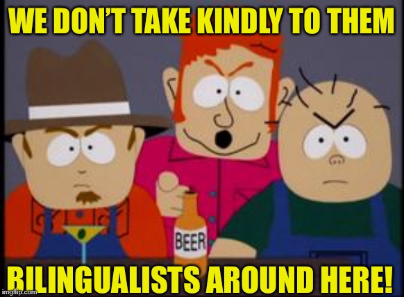 Skeeter we don't take kindly | WE DON’T TAKE KINDLY TO THEM BILINGUALISTS AROUND HERE! | image tagged in skeeter we don't take kindly | made w/ Imgflip meme maker