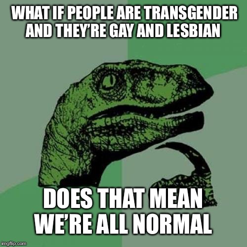 Philosoraptor | WHAT IF PEOPLE ARE TRANSGENDER AND THEY’RE GAY AND LESBIAN; DOES THAT MEAN WE’RE ALL NORMAL | image tagged in memes,philosoraptor | made w/ Imgflip meme maker