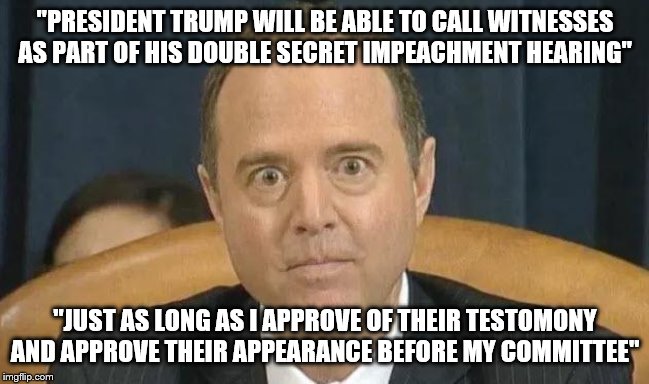 "PRESIDENT TRUMP WILL BE ABLE TO CALL WITNESSES AS PART OF HIS DOUBLE SECRET IMPEACHMENT HEARING"; "JUST AS LONG AS I APPROVE OF THEIR TESTOMONY AND APPROVE THEIR APPEARANCE BEFORE MY COMMITTEE" | image tagged in impeachment,trump,2020 elections | made w/ Imgflip meme maker
