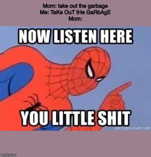 Now listen you little shit |  Mom: take out the garbage
Me: TaKe OuT tHe GaRbAgE
Mom: | image tagged in now listen you little shit | made w/ Imgflip meme maker