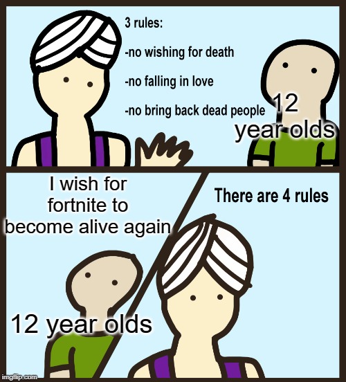 There are four rules | 12 year olds; I wish for fortnite to become alive again; 12 year olds | image tagged in there are four rules | made w/ Imgflip meme maker