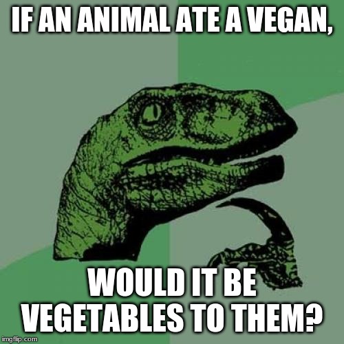 Philosoraptor | IF AN ANIMAL ATE A VEGAN, WOULD IT BE VEGETABLES TO THEM? | image tagged in memes,philosoraptor | made w/ Imgflip meme maker