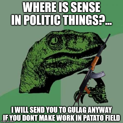 Philosoraptor | WHERE IS SENSE IN POLITIC THINGS?... I WILL SEND YOU TO GULAG ANYWAY IF YOU DONT MAKE WORK IN PATATO FIELD | image tagged in memes,philosoraptor | made w/ Imgflip meme maker