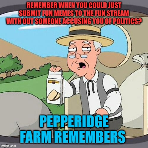 I suppose "fun" aint for everyone! | REMEMBER WHEN YOU COULD JUST SUBMIT FUN MEMES TO THE FUN STREAM WITH OUT SOMEONE ACCUSING YOU OF POLITICS? PEPPERIDGE FARM REMEMBERS | image tagged in memes,pepperidge farm remembers,nixieknox,eff you | made w/ Imgflip meme maker