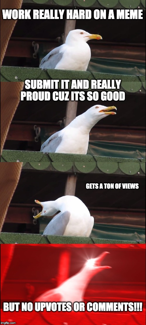 This happens on every meme I make!! | WORK REALLY HARD ON A MEME; SUBMIT IT AND REALLY PROUD CUZ ITS SO GOOD; GETS A TON OF VIEWS; BUT NO UPVOTES OR COMMENTS!!! | image tagged in memes,inhaling seagull,funny memes,upvotes,meme comments | made w/ Imgflip meme maker