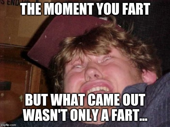 WTF | THE MOMENT YOU FART; BUT WHAT CAME OUT WASN'T ONLY A FART... | image tagged in memes,wtf | made w/ Imgflip meme maker