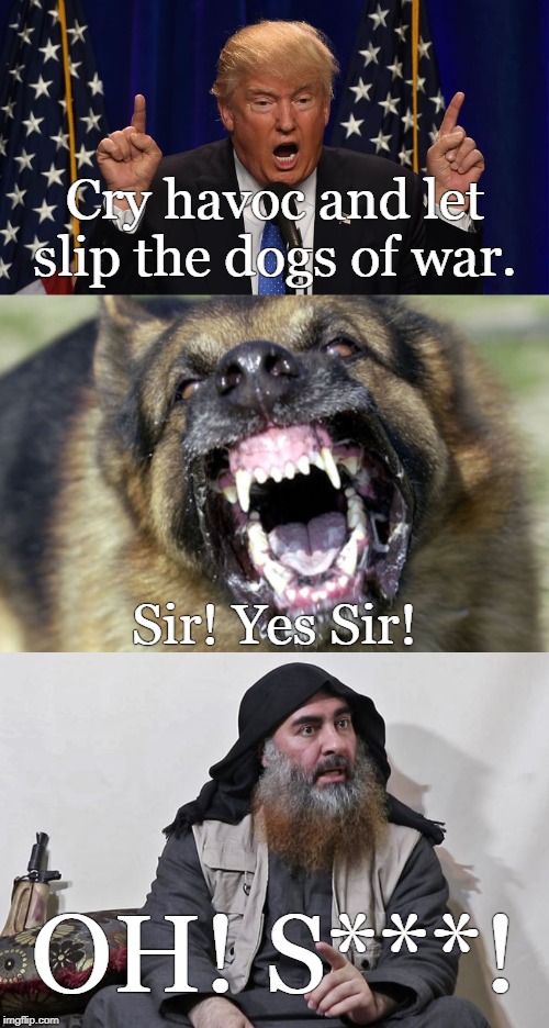 Trump has aligned himself with ISIS.  BS! | Cry havoc and let slip the dogs of war. Sir! Yes Sir! OH! S***! | image tagged in trump,havock | made w/ Imgflip meme maker