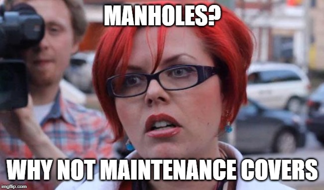 Angry Feminist | MANHOLES? WHY NOT MAINTENANCE COVERS | image tagged in angry feminist | made w/ Imgflip meme maker