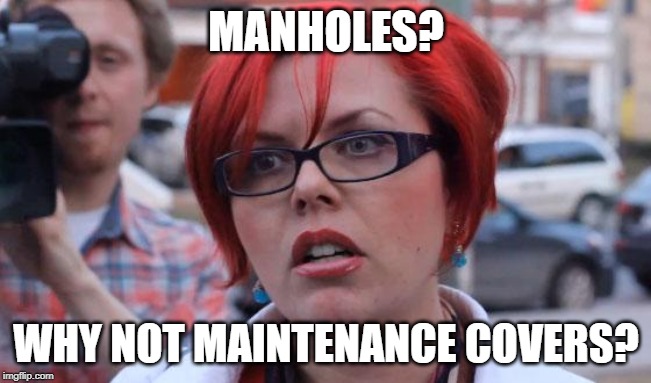 Angry Feminist | MANHOLES? WHY NOT MAINTENANCE COVERS? | image tagged in angry feminist | made w/ Imgflip meme maker