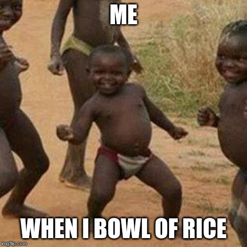 Third World Success Kid | ME; WHEN I BOWL OF RICE | image tagged in memes,third world success kid,africa,funny,funny memes,upvotes | made w/ Imgflip meme maker
