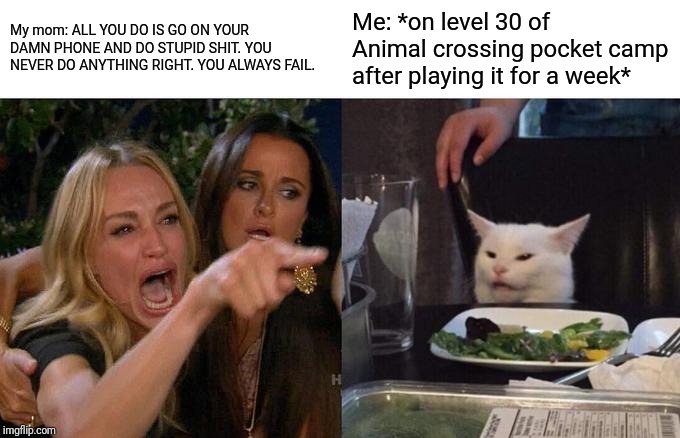 Honesty animal crossing and memes is my life | My mom: ALL YOU DO IS GO ON YOUR DAMN PHONE AND DO STUPID SHIT. YOU NEVER DO ANYTHING RIGHT. YOU ALWAYS FAIL. Me: *on level 30 of Animal crossing pocket camp after playing it for a week* | image tagged in memes,woman yelling at a cat,animal crossing | made w/ Imgflip meme maker