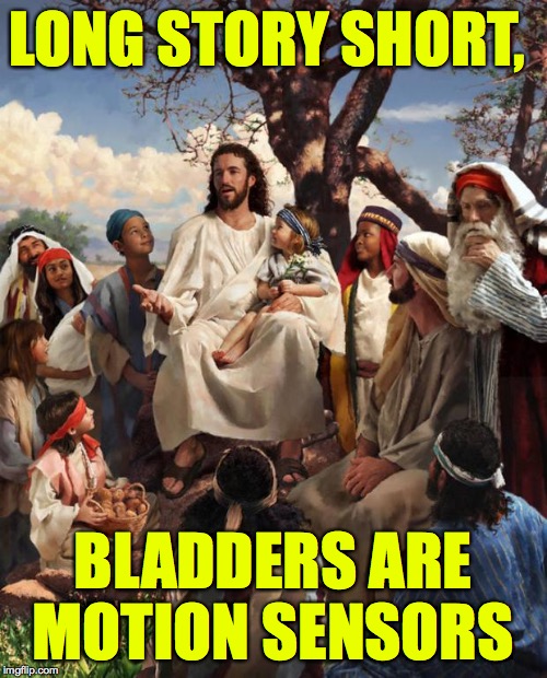 Story Time Jesus | LONG STORY SHORT, BLADDERS ARE MOTION SENSORS | image tagged in story time jesus | made w/ Imgflip meme maker