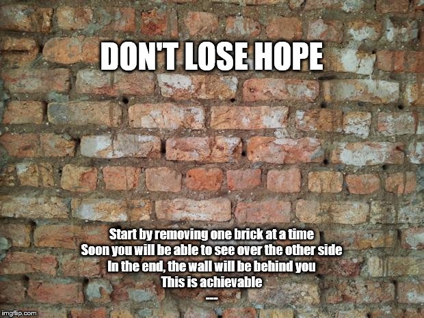 Brick wall | DON'T LOSE HOPE; Start by removing one brick at a time
Soon you will be able to see over the other side
In the end, the wall will be behind you
This is achievable
--- | image tagged in brick wall | made w/ Imgflip meme maker