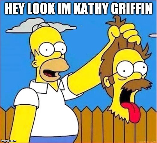 she no funny | HEY LOOK IM KATHY GRIFFIN | image tagged in homer cuts flanders' head upgraded | made w/ Imgflip meme maker